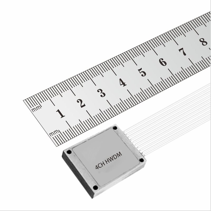 4-channel compact CWDM device measured against a steel ruler, under 20 millimeters long
