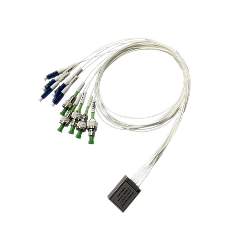 CWDM device with a mix of LC and FC connectorized pigtails, coiled for shipment