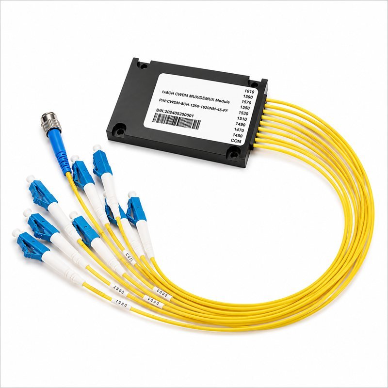 8-channel CWDM MUX/DEMUX module, black housing with LC connectorized outputs labeled 1610 through 1450 nanometers plus a common port