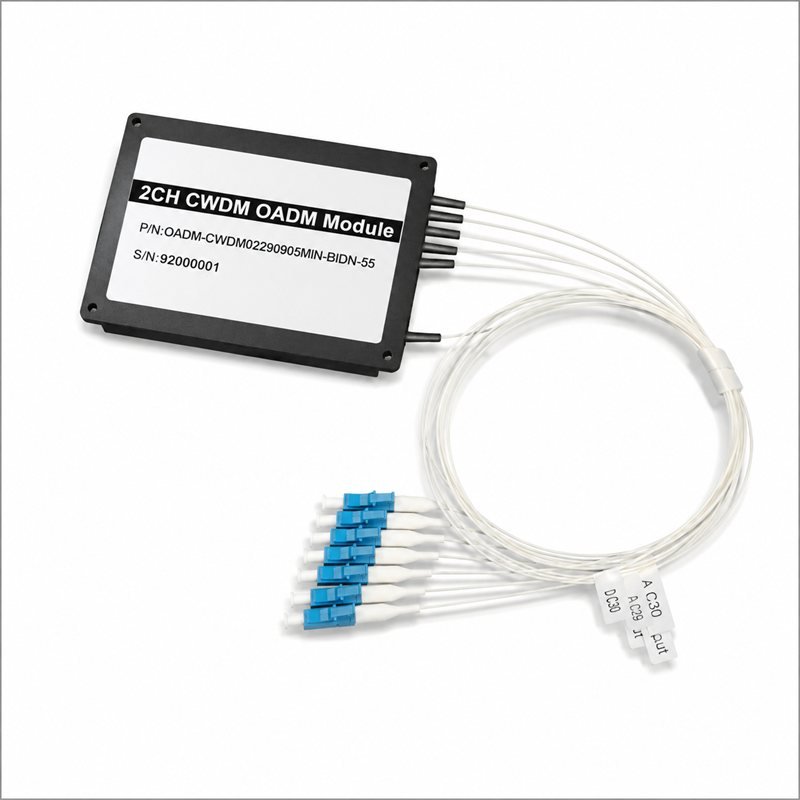 2-channel CWDM OADM module, black housing with LC/UPC pigtails, part number OADM-CWDM02290905MIN-BIDN-55