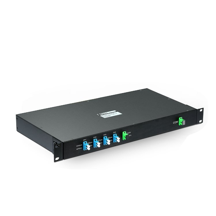 Standard CWDM rack module with four channel ports and a CATV overlay port, in a 1U panel-mount housing