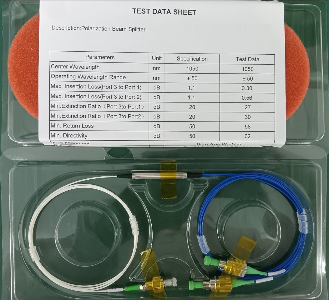 PM PBS/PBC polarization beam splitter device with white and blue PM fiber pigtails and factory test data