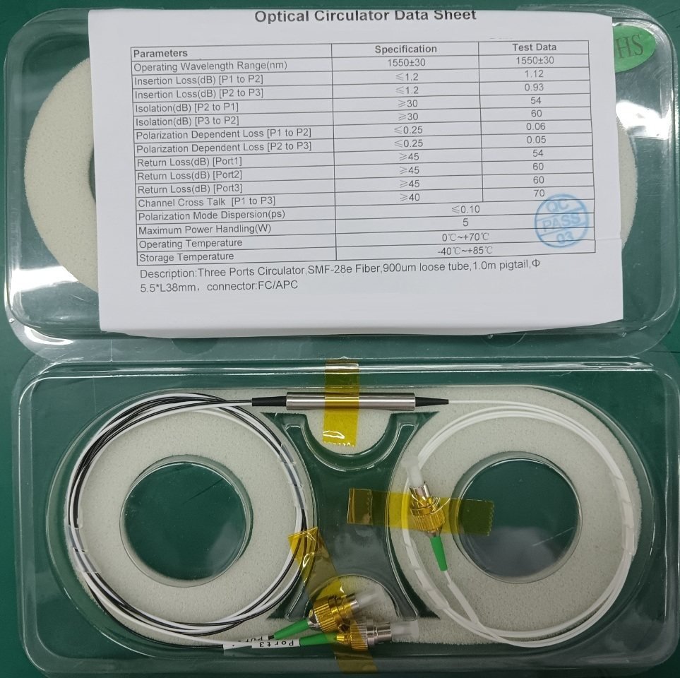 1550nm PM circulator, cylindrical package, with its test data sheet showing insertion loss, isolation and polarization dependent loss