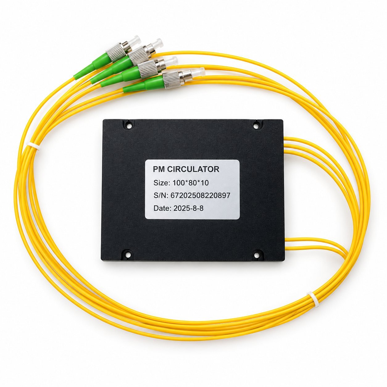 Boxed PM Circulator package, 100 by 80 by 10 millimeters, with FC/APC pigtails