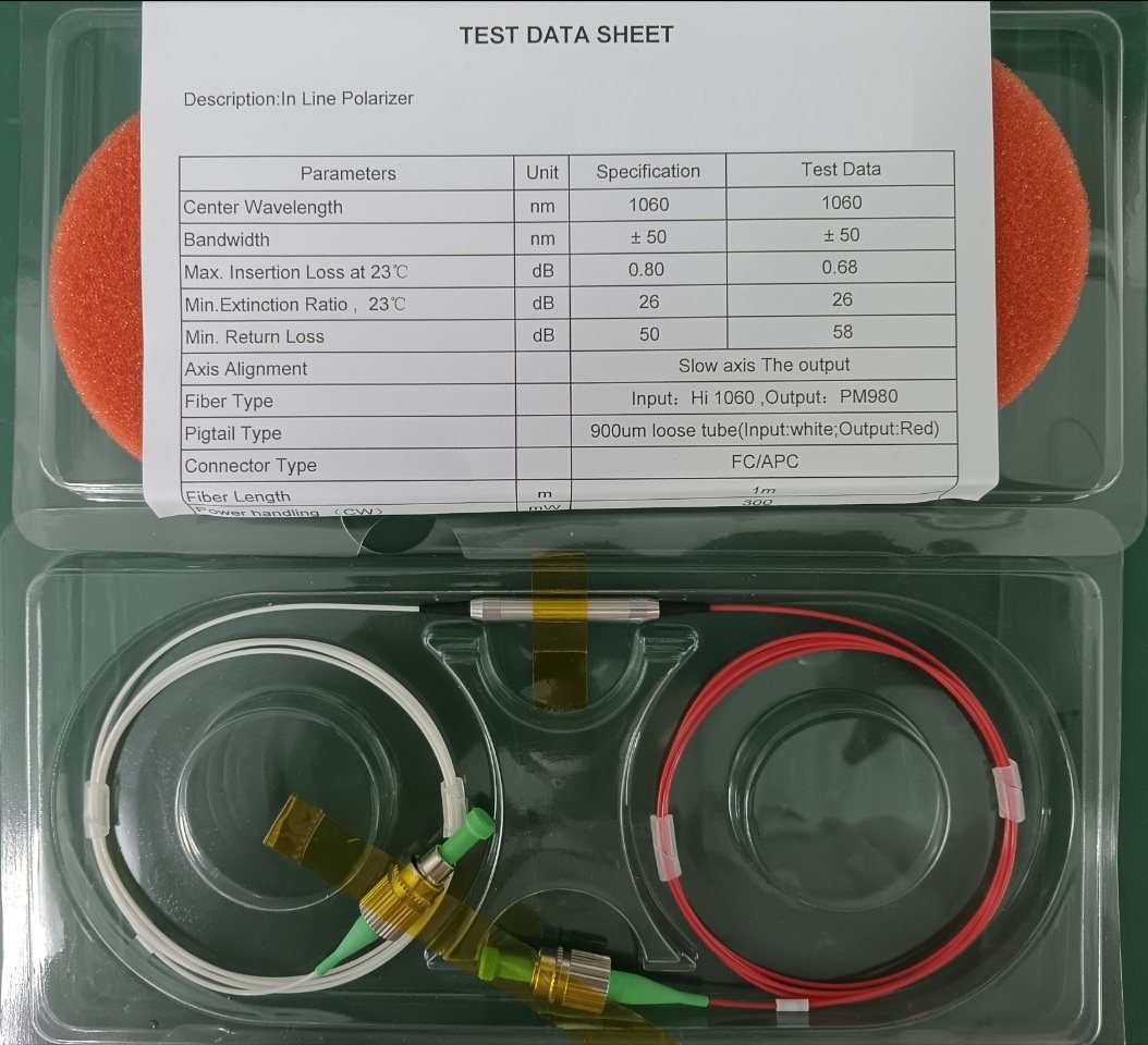 In-line PM polarizer at 1060nm with white and red fiber pigtails and factory test data sheet