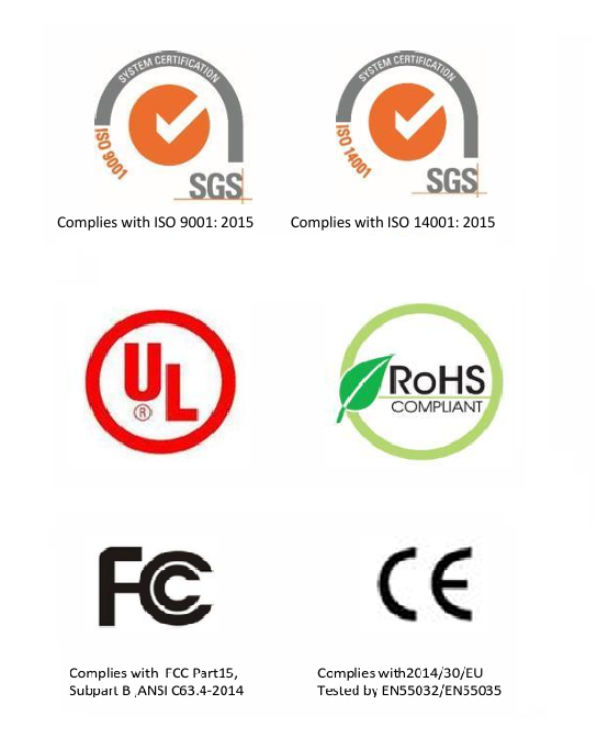 FCC, CE, RoHS, certificates, ISO